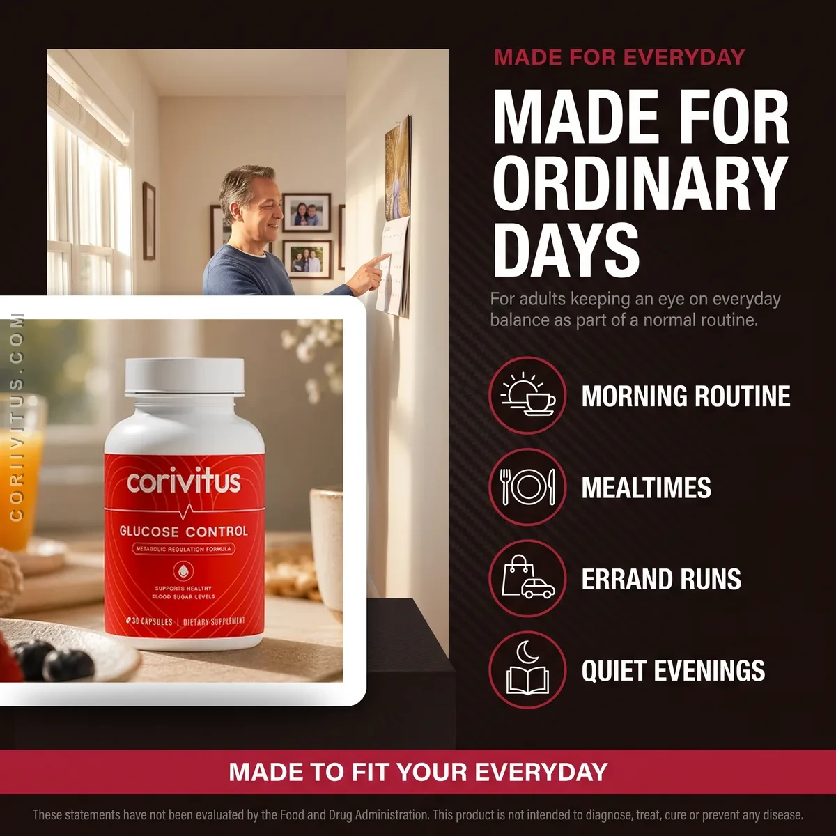 Corivitus is made for ordinary days: adults supporting blood sugar through morning routines, mealtimes, errands and quiet evenings