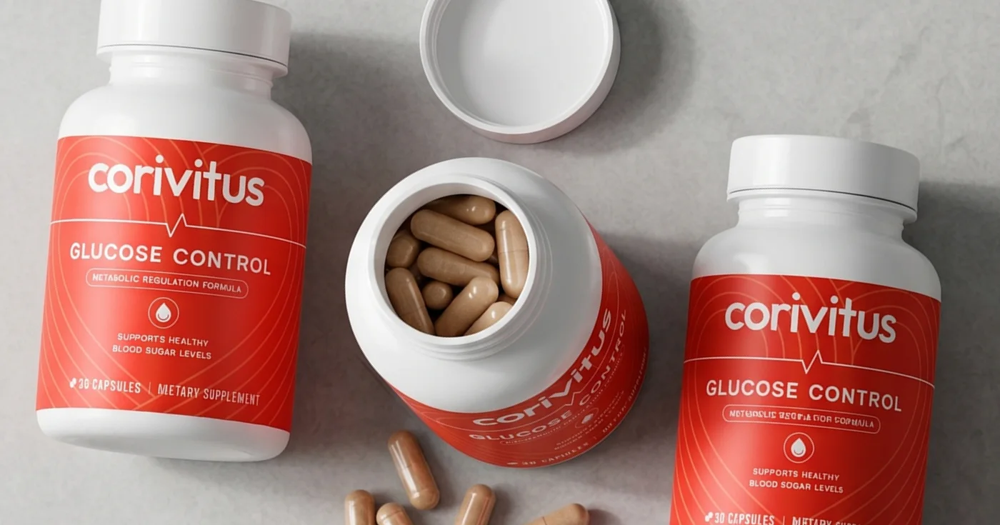 Three Corivitus Glucose Control bottles with capsules on a clean surface