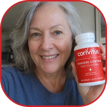 Smiling woman holding a bottle of Corivitus blood sugar support capsules
