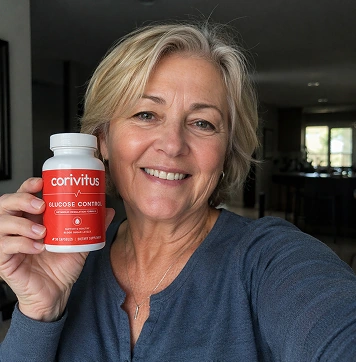 Woman in her kitchen holding a bottle of Corivitus Glucose Control capsules